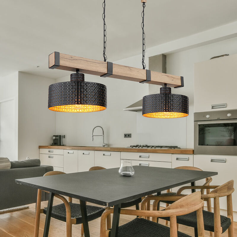 Lampe à suspendre Lampe à suspendre salle à manger Lampe à suspendre bois noir or 2 flammes, métal mdf, 2x E27 douilles, LxlxH 80x25x120 cm