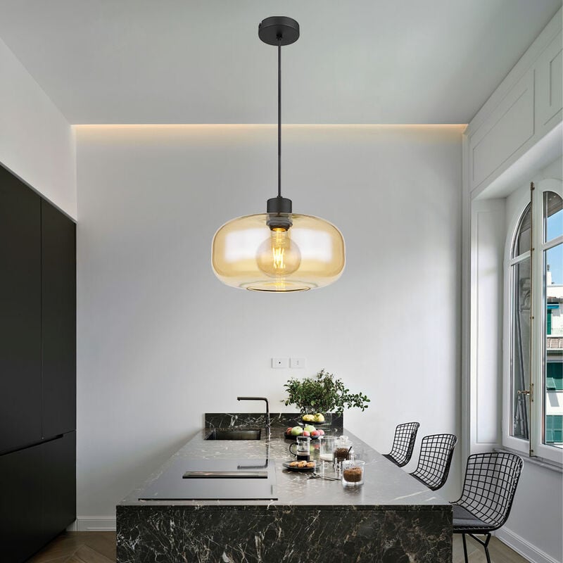 Suspension, suspension, lampe de salon, ambre, lampe de table à manger, moderne, abat-jour en verre bulbeux, métal, noir mat, 1x douille E27, DxH