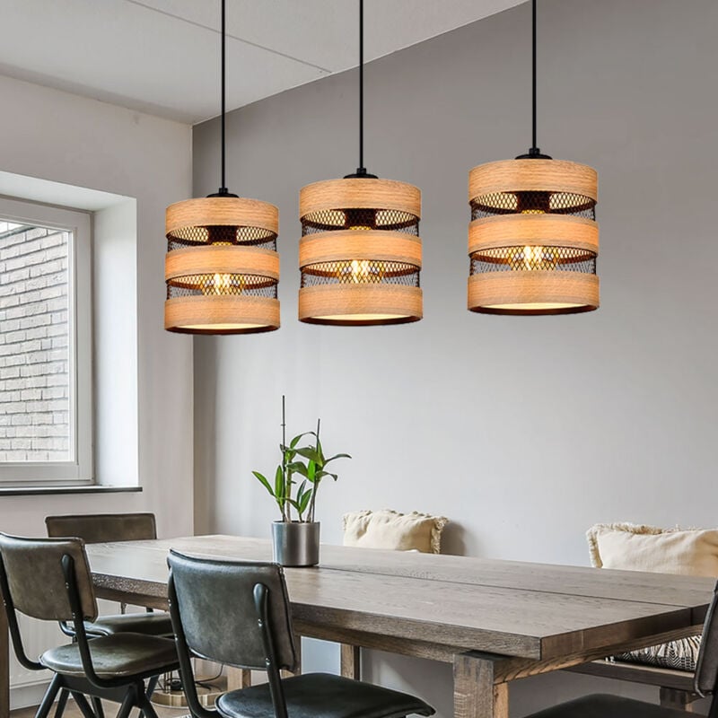 Suspension, suspension, lampe de salon, suspension, aspect bois, grille, noir Suspension, ronde, 3 flammes, métal MDF, douille 3x E27, LxlxH