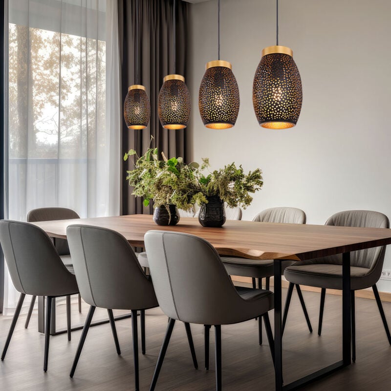 Suspension, suspension, lampe de table à manger, suspension orientale, 4 flammes, poinçonnage décoratif, métal, or noir, 4x E27, LxlxH 90x15x120 cm