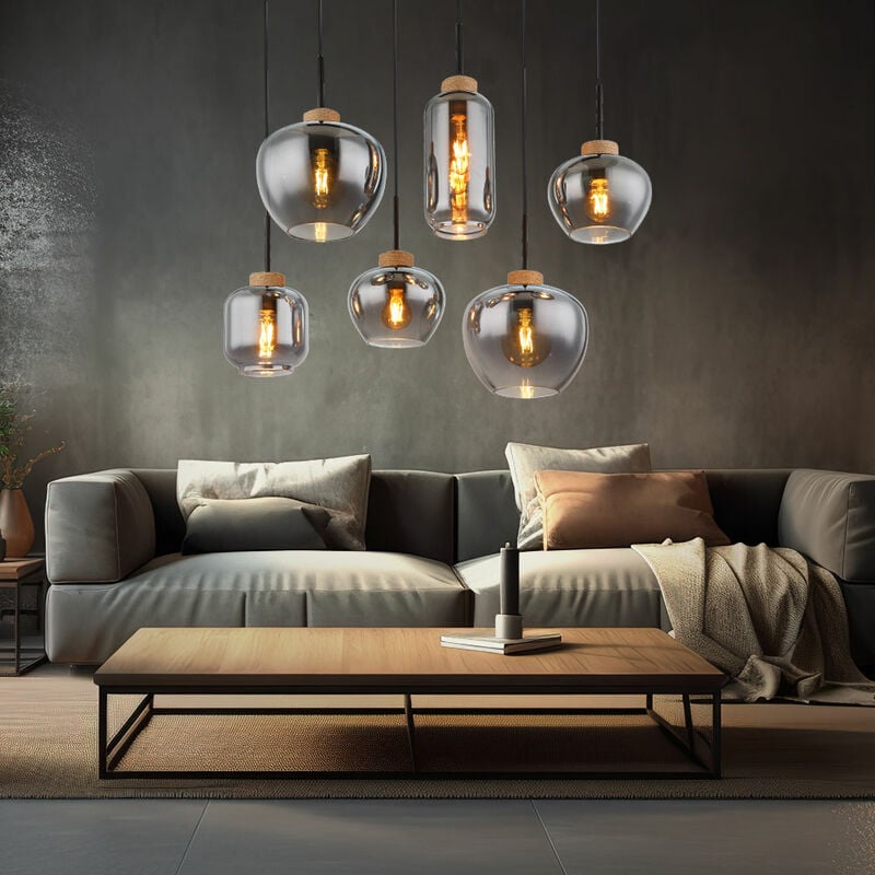 Suspension suspension lampe suspension lampe de table à manger, 6 flammes, rétro verre fumé métal noir chanvre brun, 6x douilles E27, LxPxH