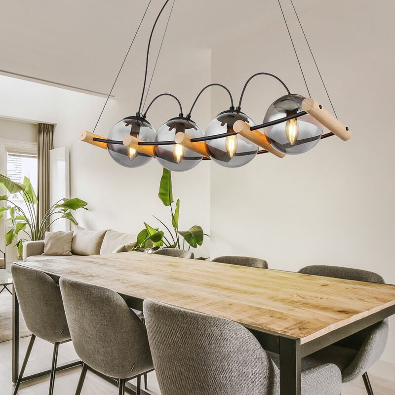 Suspension suspension lampe suspension lampe de table à manger, 4 flammes réglable en hauteur, verre fumé métal noir bois marron, douilles E27, LxlxH