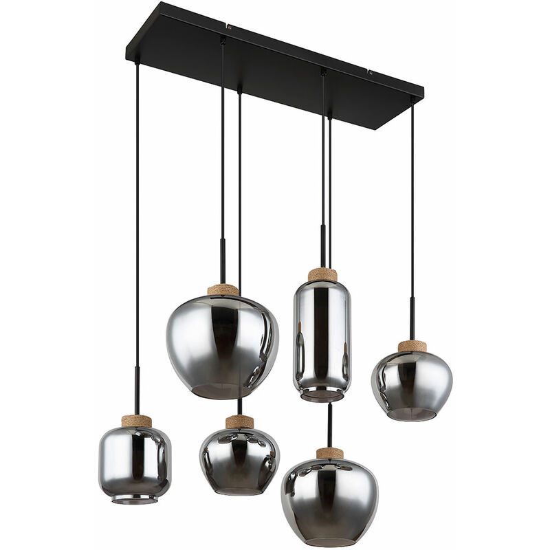 Suspension suspension lampe suspension lampe de table à manger, 6 flammes, rétro verre fumé métal noir chanvre brun, 6x douilles E27, LxPxH
