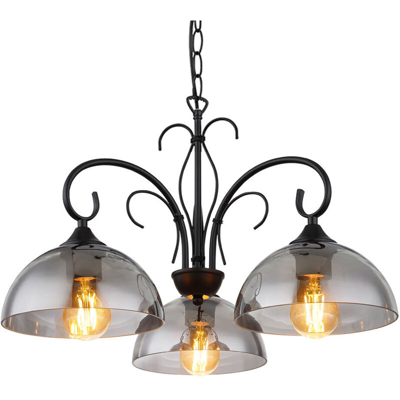 Suspension lampe à suspension lampe de salon lampe de table à manger, métal verre fumé noir, réglable en hauteur 3 ampoules E27, h 120 cm