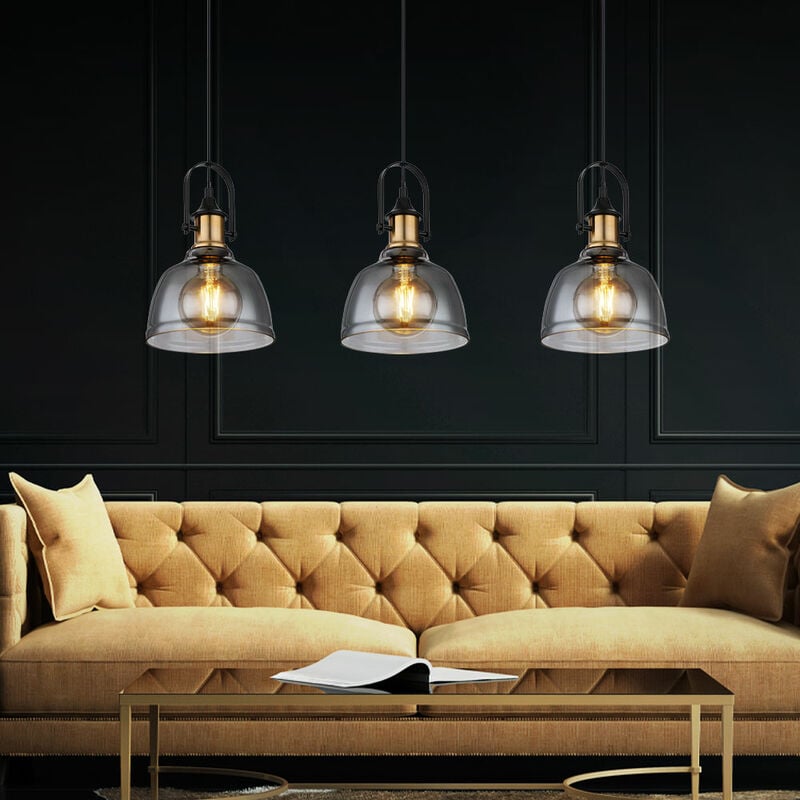 Suspension suspension lampe suspension lampe suspension lampe salle à manger, 3 flammes, métal rétro laiton verre fumé noir, 3x douilles E27, LxPxH