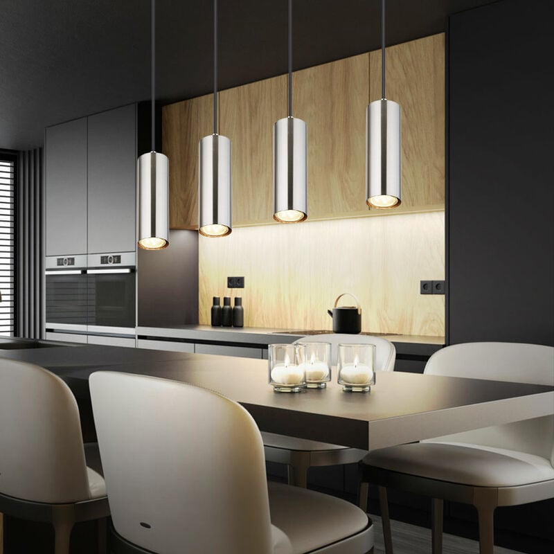 Suspension, suspension, luminaire de salon, argent, 4 flammes, plafonnier suspendu, métal, 4x douilles GU10, LxlxH 75x9x150 cm