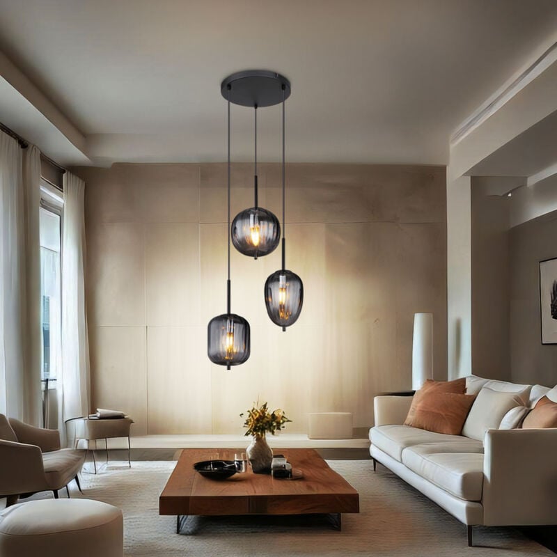 Suspension, suspension, plafonnier, luminaire de salon, lampe de salle à manger, métal noir, verre fumé, 3 ampoules E14, H 120 cm