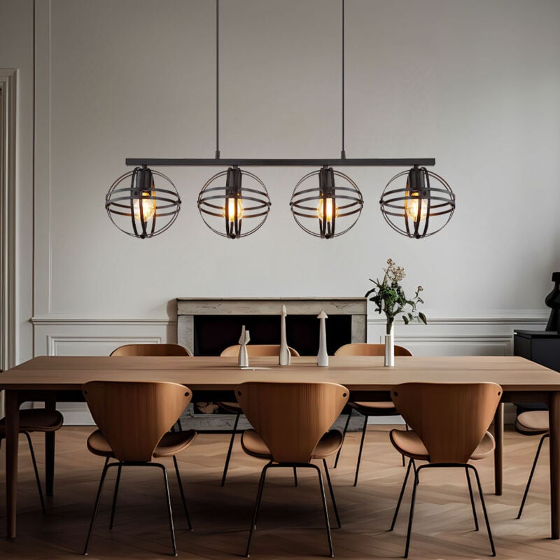 Suspension suspension plafonnier salon lampe salle à manger, métal noir, 4 ampoules E27, h 120 cm