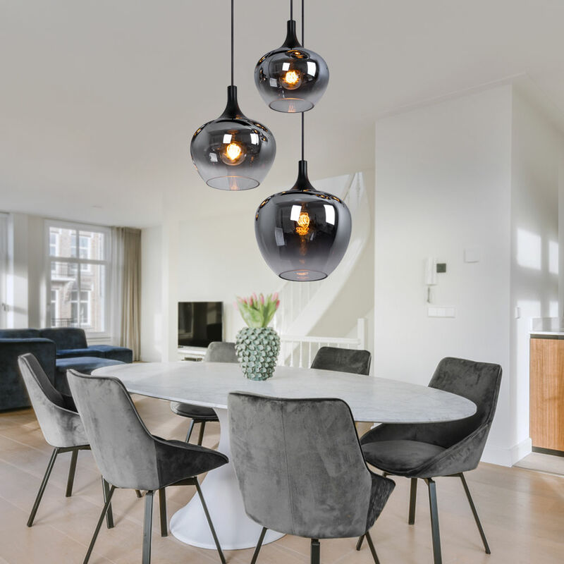 Suspension, suspension, salon, suspension, lampe de table à manger, abat-jour en verre fumé, métal noir, douilles 3x E27, DxH 48x120 cm