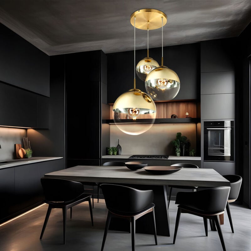 Globo - Suspension suspension verre 3 flammes boule de verre couleur or suspension boule de verre lampe de table à manger, métal, 3x douilles E27,