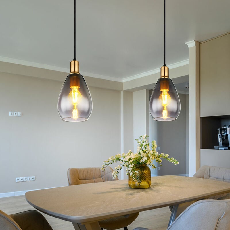 Suspension suspension verre fumé salon 1 flamme plafonnier suspendu noir, métal laiton, douilles E27, DxH 15x120 cm, lot de 2