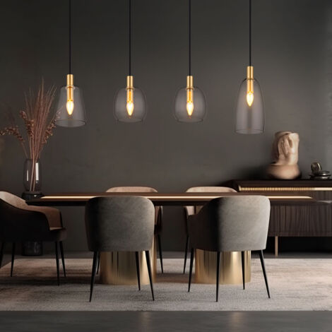 Suspension, table à manger, 4 flammes, lampe de salon, laiton, suspension rétro, abat-jour en verre, métal, 4x douille E14, LxlxH 107x16x120 cm