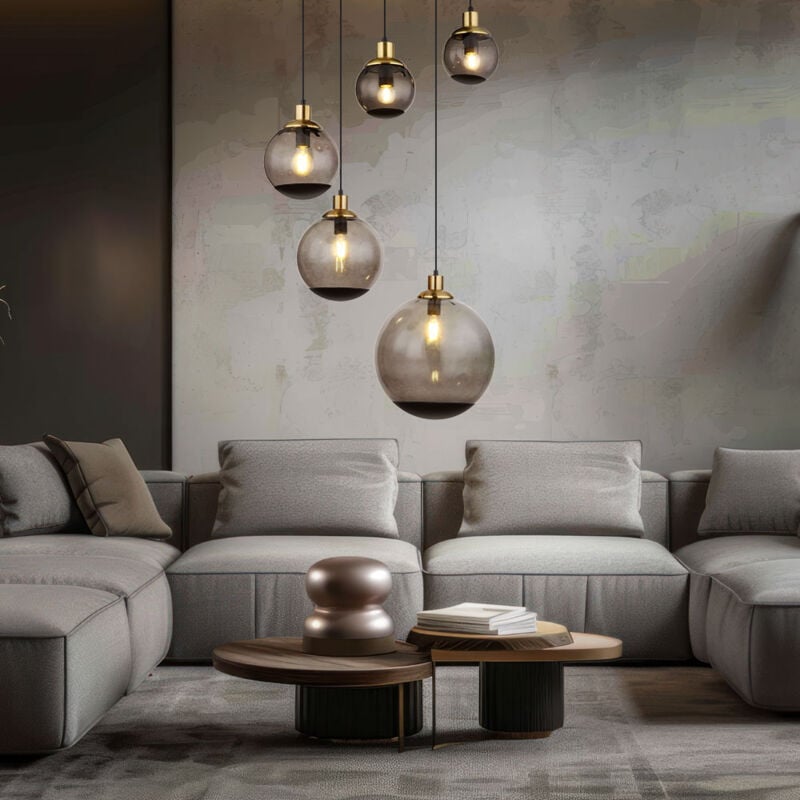 Suspension table à manger 5 flammes Lampe de salle à manger suspendue Suspension industrielle noire, boules de verre laiton fumé, 5x douilles E27,