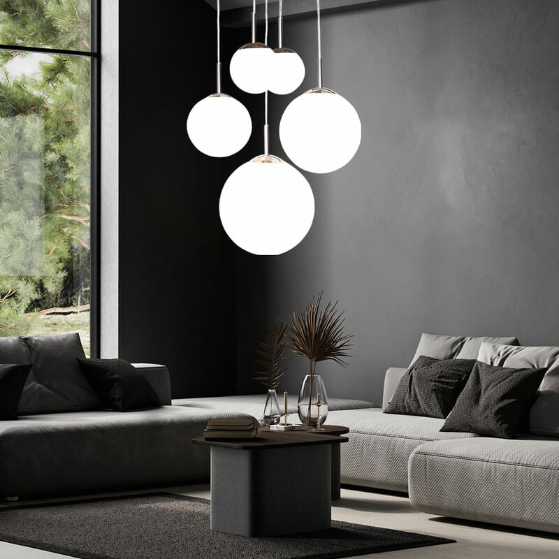 Globo - Suspension, table à manger, moderne, lampe de salon, argent, suspension à 5 flammes, boule de verre opale design, métal, 5x douille E27, DxH