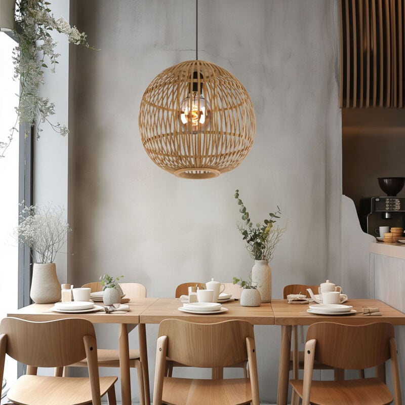 Suspension table à manger suspension boho lampe de salon, maille de bambou, 1x E27, DxH 30 x 150 cm