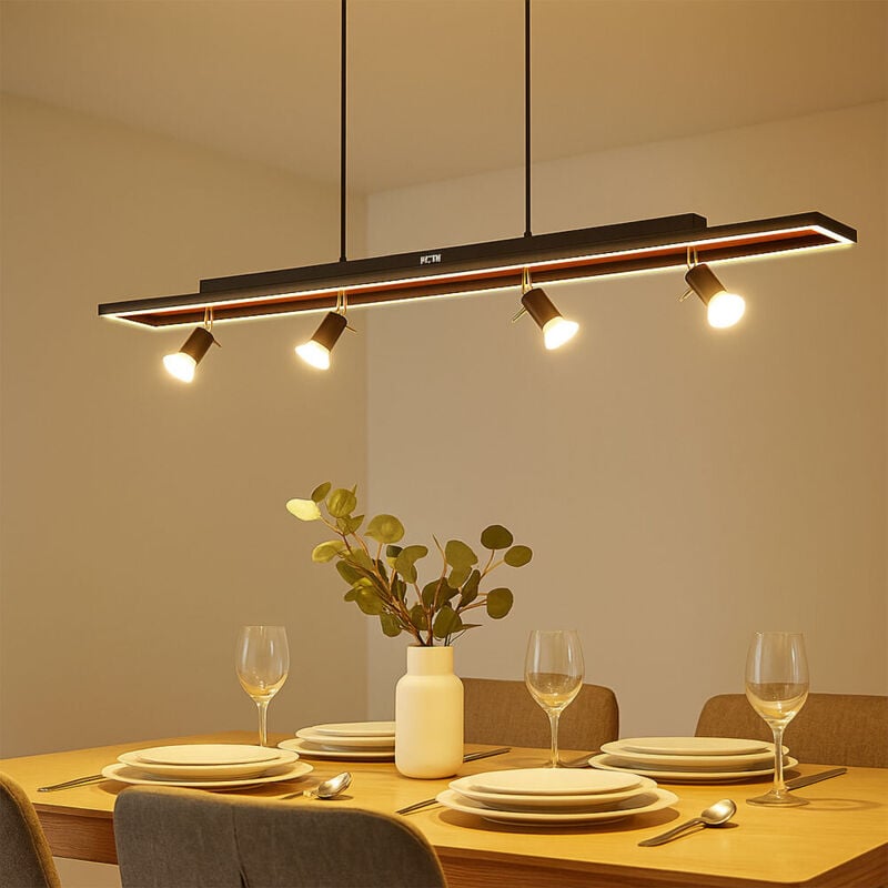 Globo - Suspension, table à manger, suspension, noir, lampe de salon, dimmable, led, 4 flammes, aspect bois, spots mobiles, 4x GU10, LxlxH