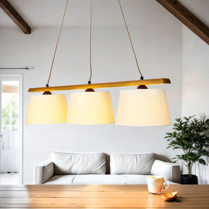 Licht-erlebnisse - Lustre suspension en bois de chêne en tissu blanc au design scandinave 3xE27 - Chêne rustique, Ecru