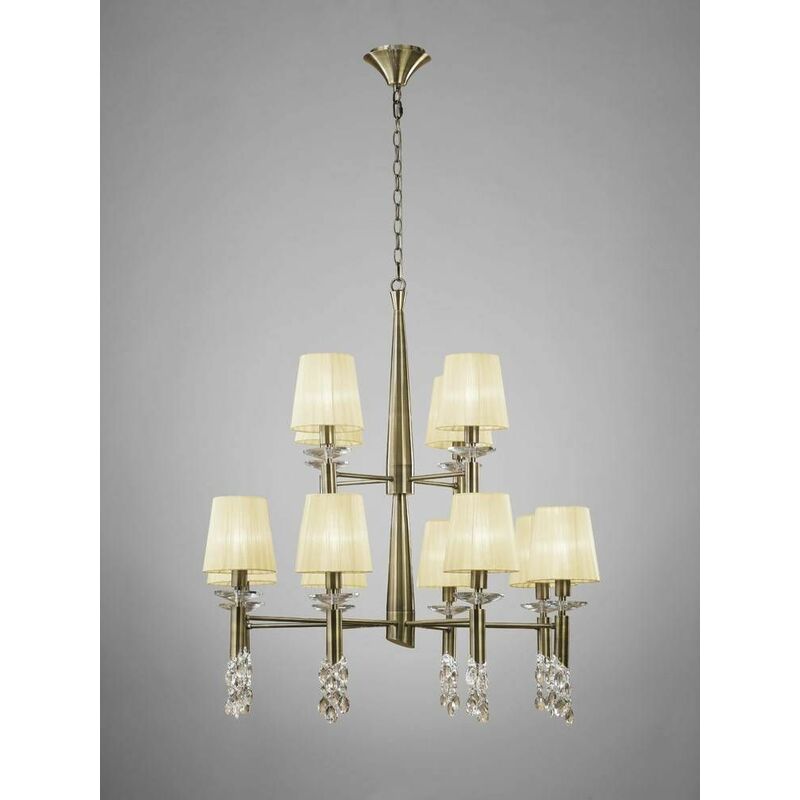 Suspension Tiffany 2 Tier 12 + 12 Bulbs E14 + G9, antique brass with Cream shade & transparent crystal