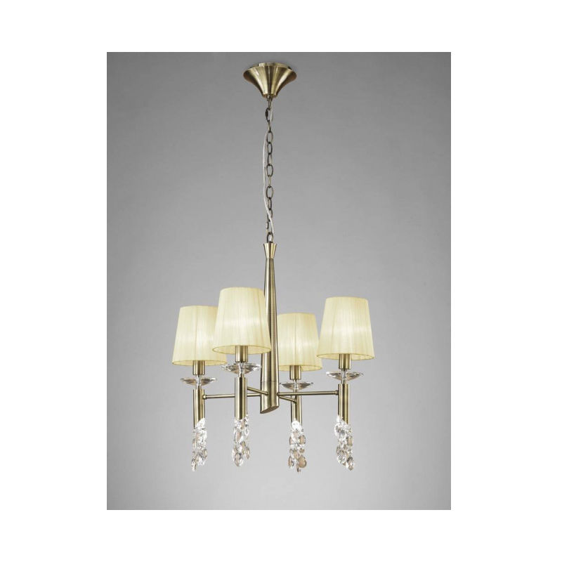 Suspension Tiffany 4+4 Ampoules E14+G9, laiton antique avec Abat jour crèmes & cristal transaparent - Laiton