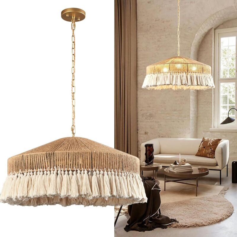 Suspension tissée à la main, style bohème, suspension de plafond de style fermier, douille E27, lumière chaude, convient aux îlots de cuisine, salles