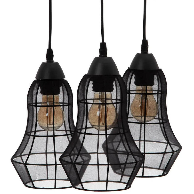 Suspension triple lanterne métal et tissu noir Tulipe