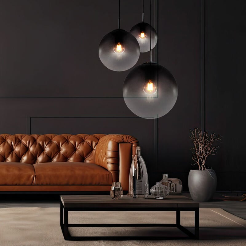 Suspension verre fumé Suspension verre chrome plafonnier pour votre salon, forme sphérique, 3x E27, DxH 51x120 cm, salle à manger