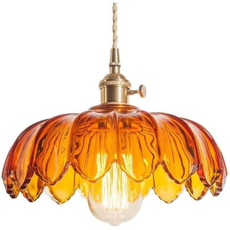 Suspension Verre Plafonnier,Lustre réglable,Lumières Suspendue vintage en laiton pour la salle à manger de la chambre à coucher,Suspension Luminaire avec abat-jour ambre de 9,84 pouces,Lampe Lotus