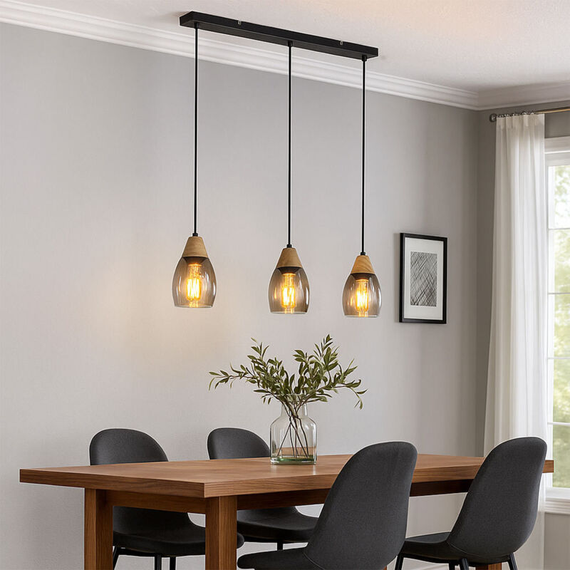 Suspension verre Suspension verre verre fumé, 3 flammes bois naturel verre fumé métal noir, 3x douilles E27, LxPxH 55x10x120cm