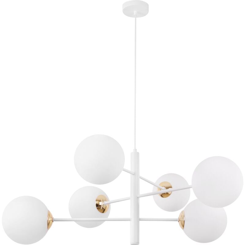 Suspension Vicenza Blanc-Or 6 Abat-Jour Blanc Plat E14