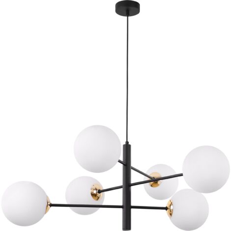 SUSPENSION VICENZA NOIRE ET OR 6 ABAT-JOUR BLANC PLATS E14
