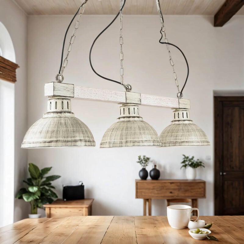 Lustre suspension d'intérieur hakon en bois blanc shabby au design vintage à 3 lumières 3xE27 L:72cm - Blanc miteux, bois