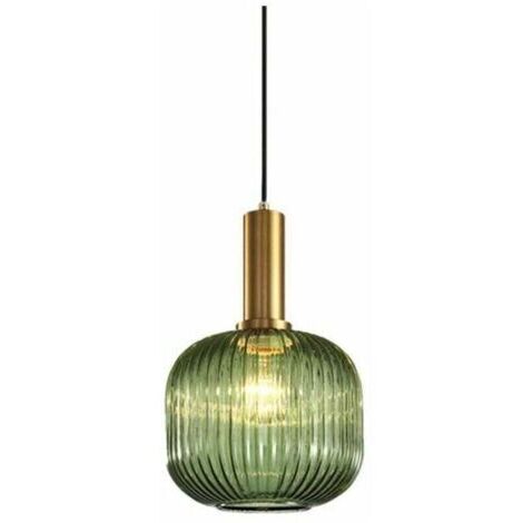Suspension vintage industrielle en verre rayé – Abat-jour 30 cm – Support en laiton poli – Hauteur 18 cm – Compatible ampoules E27