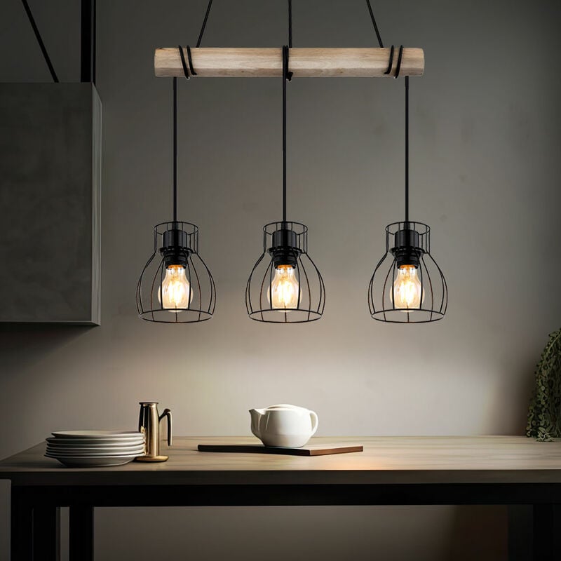 Suspension vintage Lampe à suspendre en bois Lampe de table à manger Lampe à suspendre rétro avec poutres en bois, métal noir, 3 x douille E27, LxlxH