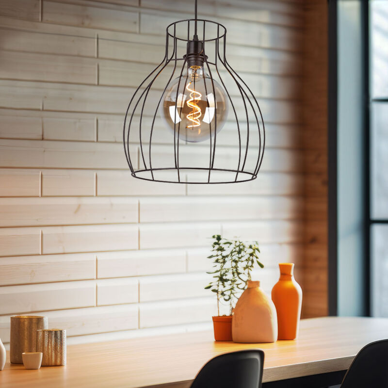 Suspension vintage rétro avec abat-jour grillagé noir, cage en métal, 1x douille E27, DxH 35x140 cm