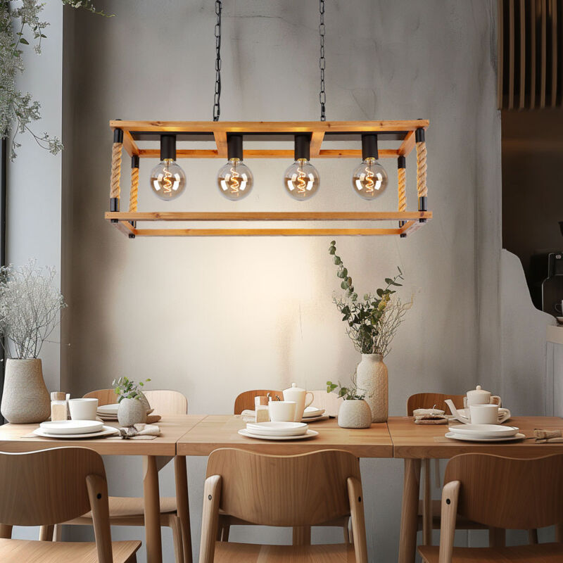 Suspension Vintage Retro Lampe à suspendre bois LED Plafonnier corde de chanvre 4 flammes, métal noir marron, 7W 806lm blanc chaud, LxlxH 80x25x120 cm