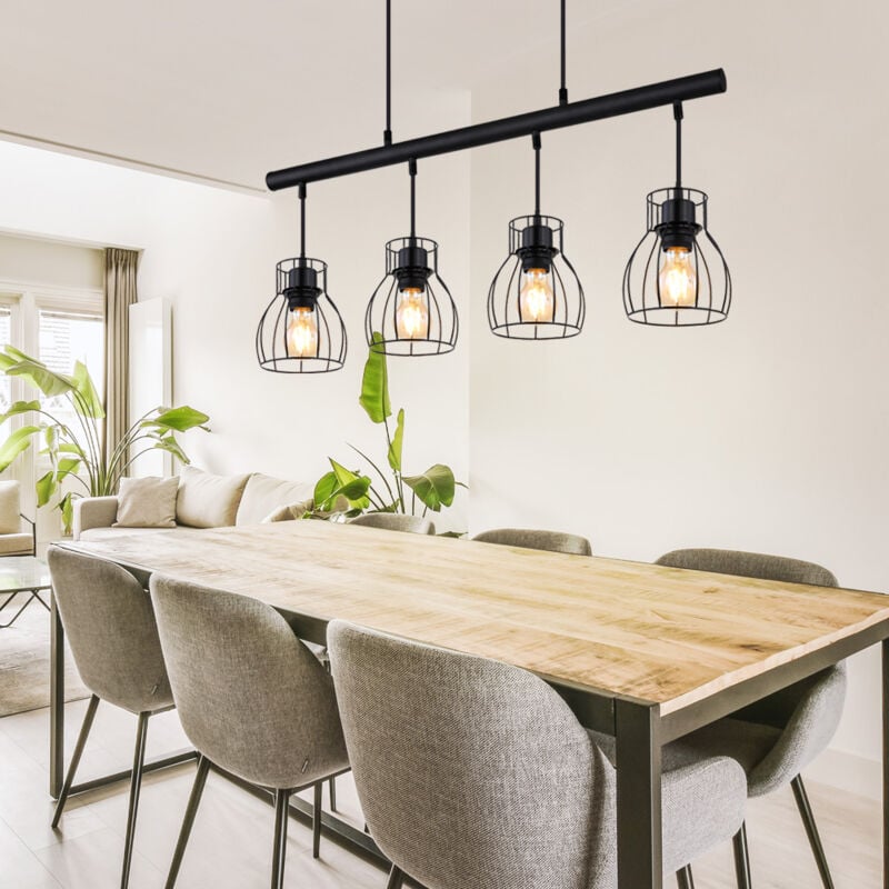 Suspension vintage suspension table à manger suspension industrielle noire, abat-jour cage métal, 4x douilles E27, l 77 cm