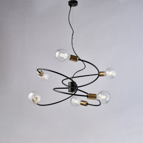 Suspension Vortex noire, finitions laiton brossé, câble acier orientable, 6 lumières d.55 cm, look élégant
