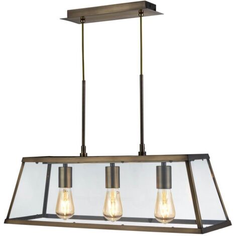 Suspension VOYAGER 3L barre lanterne rectangulaire , laiton antique, Verre E27 3x60w maxi Long 65cm haut 120cm