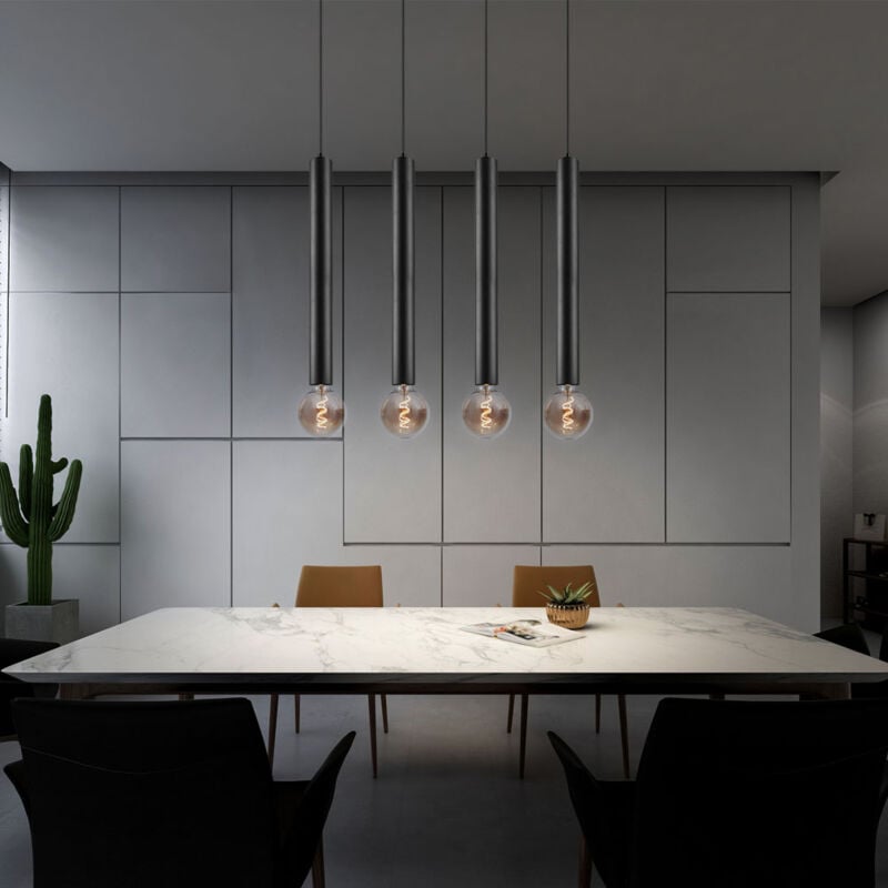 Suspension, suspension 4 flammes, lampe de table à manger, réglable en hauteur, suspension, suspension sur la table à manger, métal noir, 4x douilles