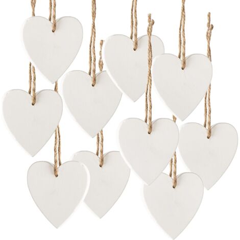 Suspensions cœur bois blanc, 10 pièces pour Saint Valentin, mariage, Noël ou décoration fenêtre