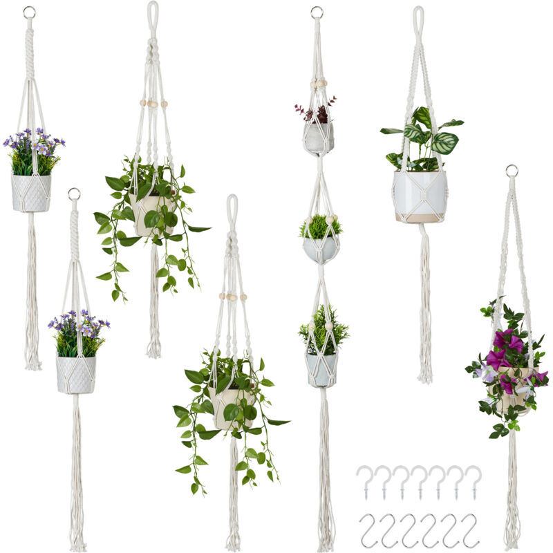 Suspensions en macramé, set de 7, Boho, tailles variées, support de plantes intérieur, coton, crème - Relaxdays