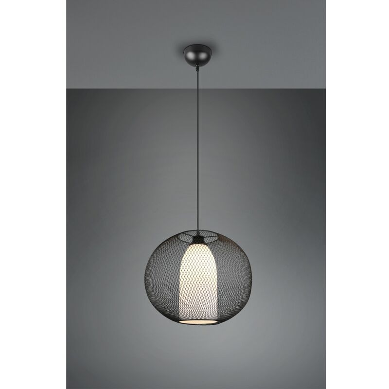 Lustre Suspension Diffuseur Rond Cage Métallique Noir Avec Fil De Verre Opale Eclairage Trio
