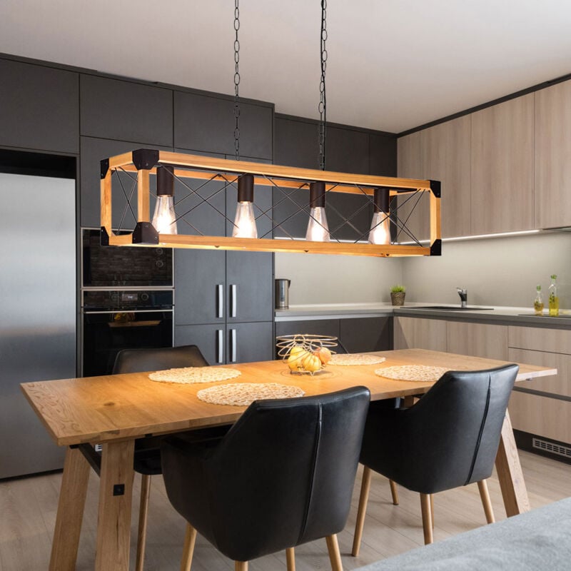 Suspension, lampe en bois, lampe de table à manger, suspension, avec cadre en bois, métal noir, 4x douille E27, LxlxH 100x20x150 cm