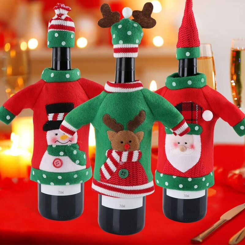 

Suéter feo de 3 piezas, cubierta de botella de vino de Navidad, cubierta de suéter de botella de vino de vacaciones para decoraciones de fiesta de