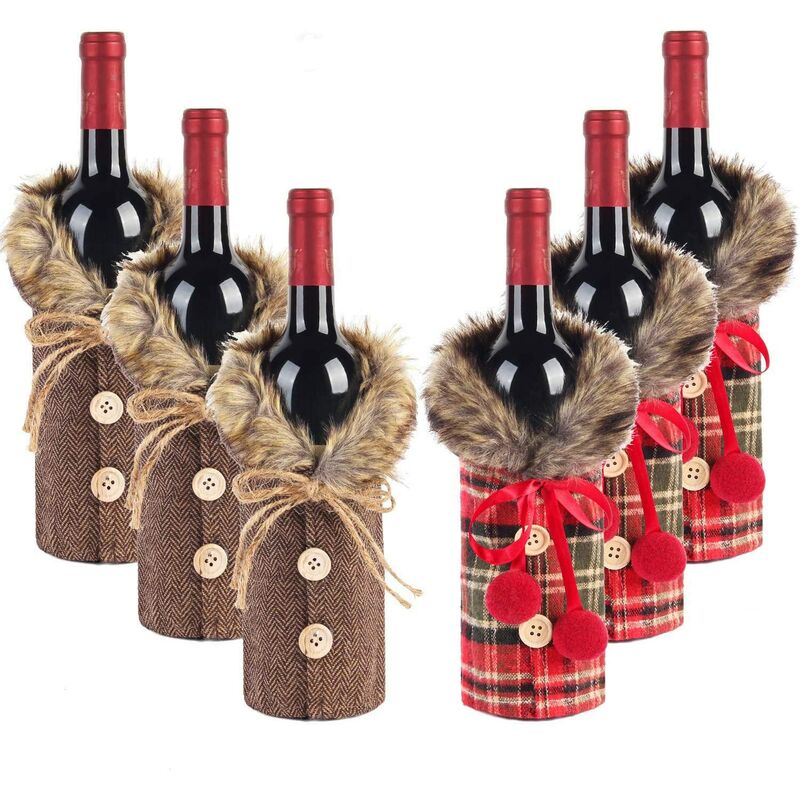 

Suéter navideño de 6 piezas, fundas para botellas de vino, ropa para botellas de vino a cuadros, vestido de lino para botellas de vino con cuello de