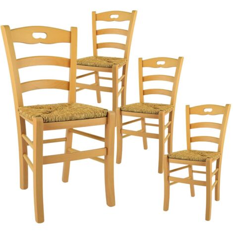 SUZY - Lot de 4 Chaises Naturelles et Assises en Paille