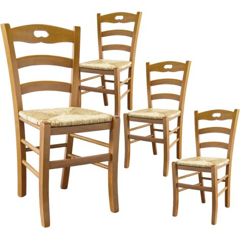SUZY - Lot de 4 Chaises Teinté Chêne et Assises en Paille
