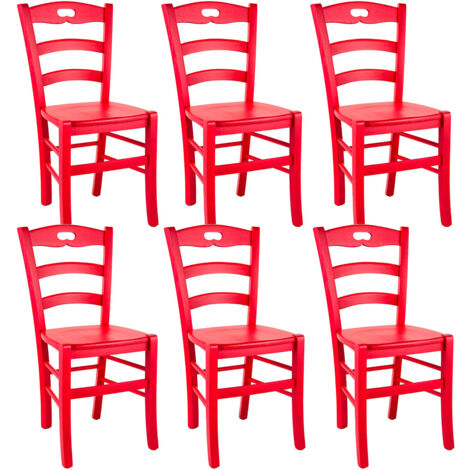SUZY - Lot de 6 Chaises Laquées Rouge et Assises en Bois