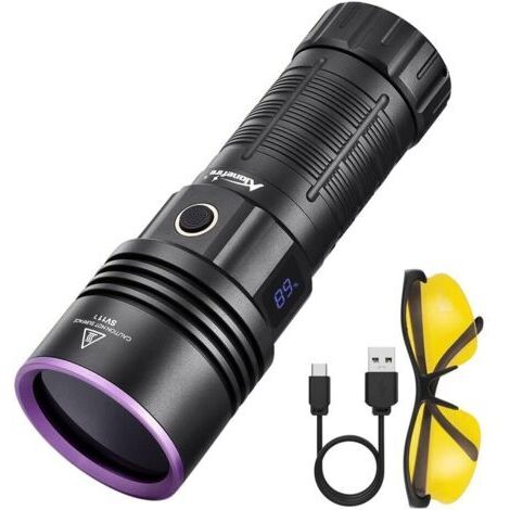 SV117 70W Lampe Torche UV LED 365nm Puissante USB C Rechargeable Lumiere Noire Affichage Numérique pour Resine, Pêche, Scorpion, Minéraux, Ambre avec Lunettes de Protection UV, Batterie