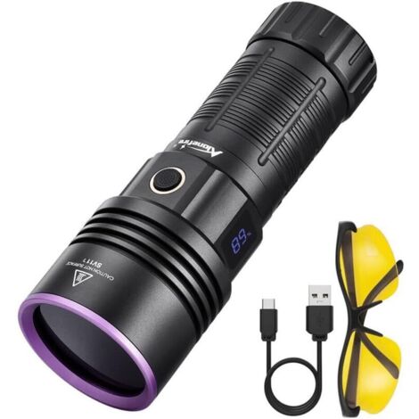 SV117 70W Lampe Torche UV LED 365nm Puissante USB C Rechargeable Lumiere Noire Affichage Numérique pour Resine, Pêche, Scorpion, Minéraux, Ambre avec Lunettes de Protection UV, Batterie